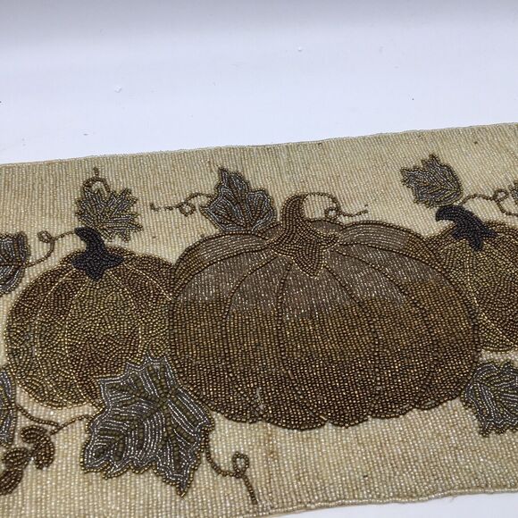 PIER 1 IMPORTS Beaded Table Runner Fall Autumn Thanksgiving 35”x13” Pumpkin Leaf - Picture 3 of 11